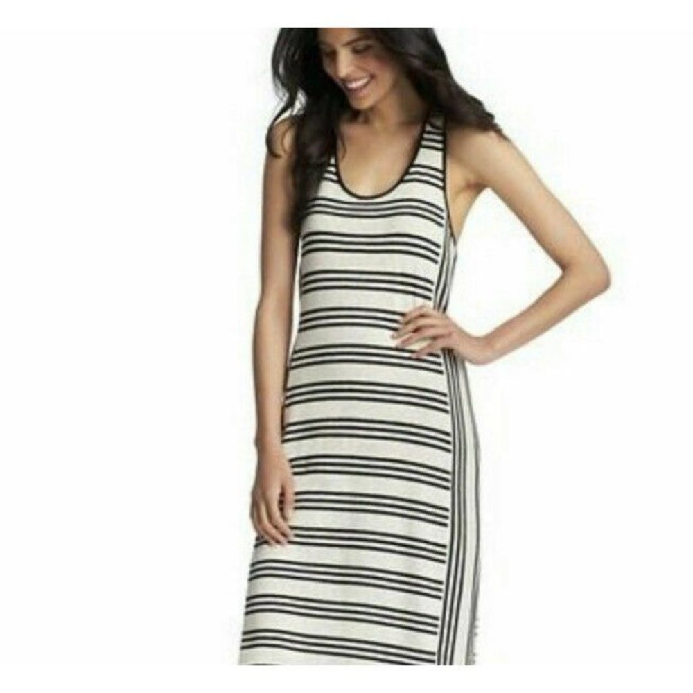 LOFT  BLACK/BEIGE STRIPED KNIT RACER BACK CASUAL SUN MINI DRESS SIZE: S